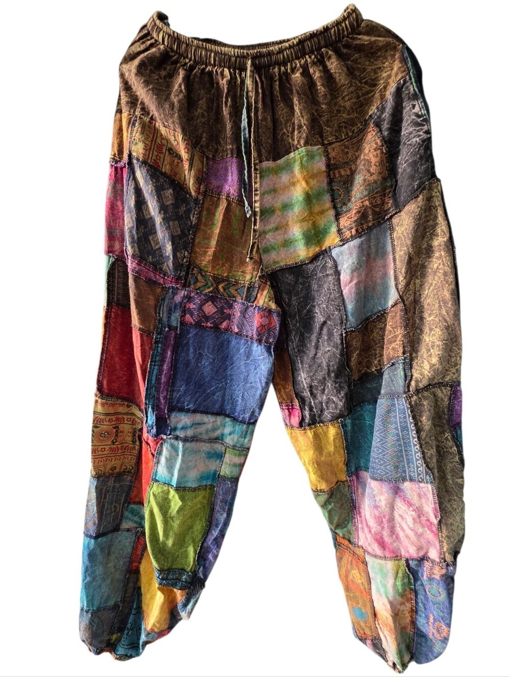 Bohemian Patchwork Stone Washed Harem Pants w/drawstrings - Multicolor